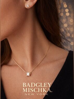 Badgley Mischka Silver Tone Necklace & Earring Set – Square Crystal Pendant